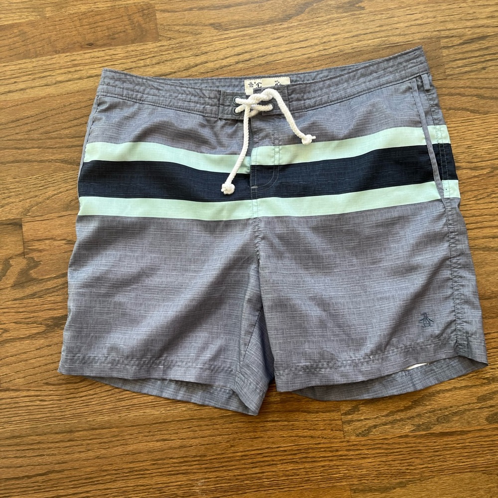 Men’s Penguin Gray and White Swim Shorts Bathing Suit Sz 34 Retro 60’s capsule